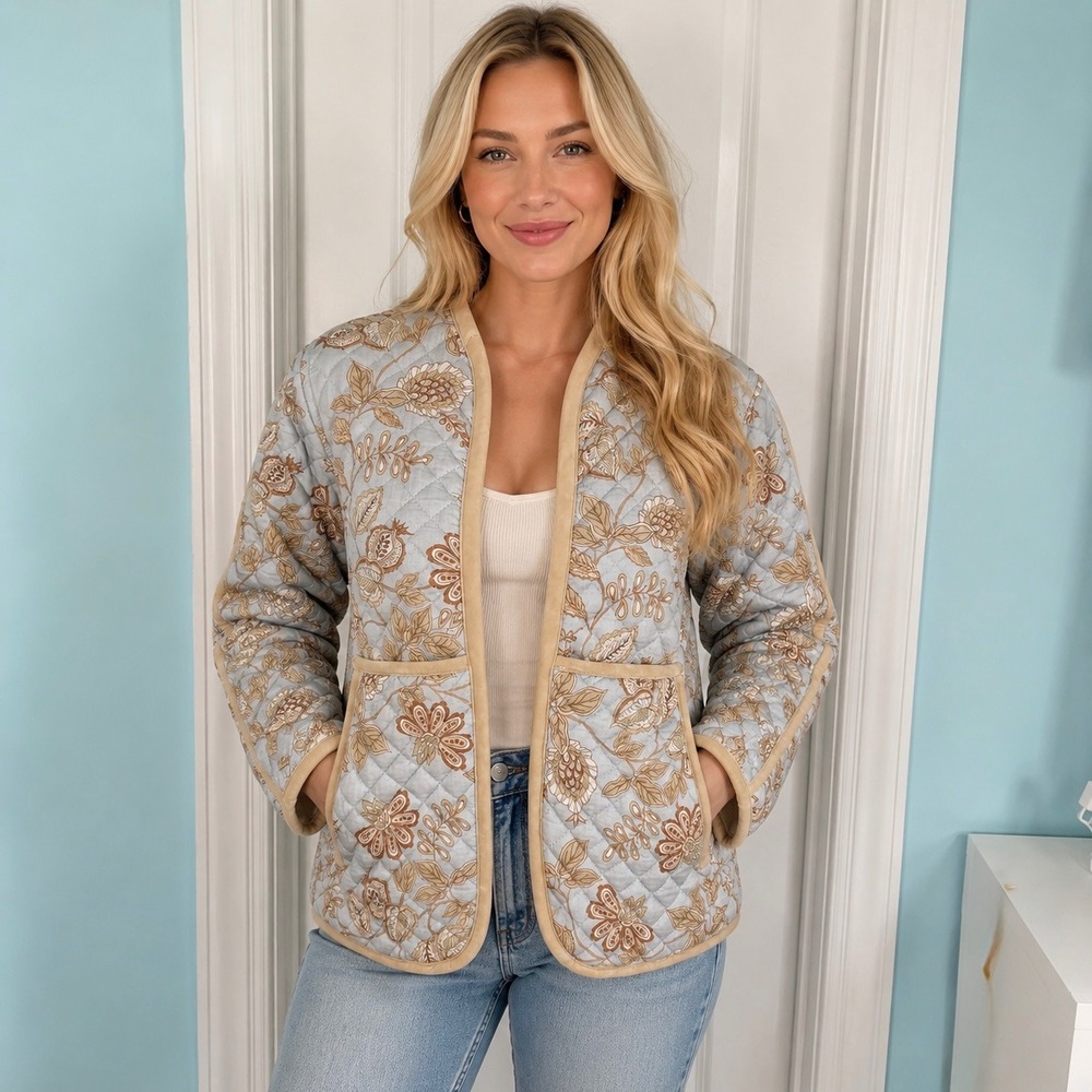 Marigold‎ by Victoria Dunn Quilted Floral Block Print Jacket Blue Tan XL NEW